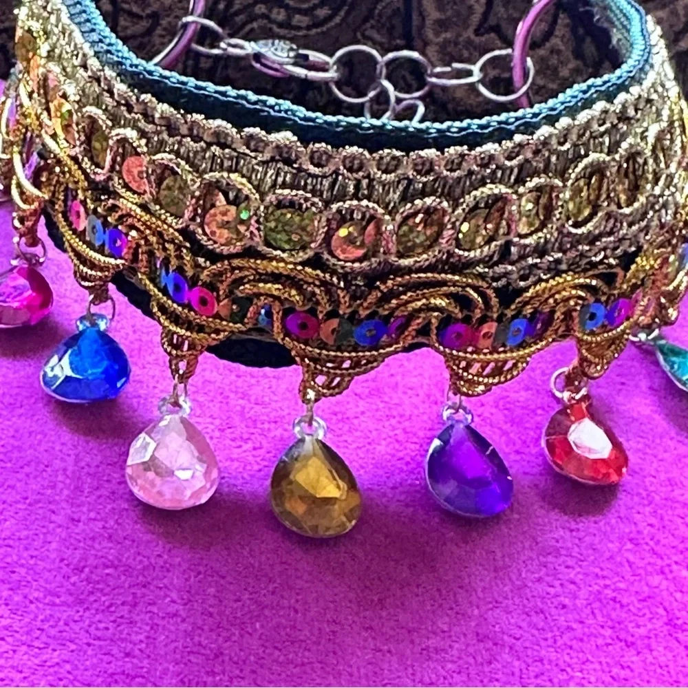 Artisan Gold Choker Multicolor Acrylic Dangle Gem Moroccan Style Handmade Signed